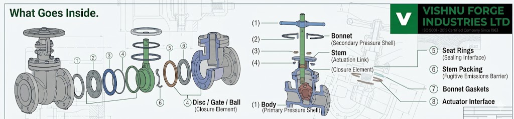 Forged Valve: Components, Valve Body Forging Process, Parts & Industrial Uses 3 An engineering-style exploded diagram anatomy of a complete forged valve with major components labeled and pulled apart: Body, Bonnet, Stem, Closure Element, Seat Rings, Stem Packing, Bonnet Gaskets, and Actuator Interface, with the Vishnu Forge logo and website on a blueprint background.