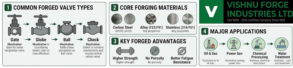 Forged Valve: Components, Valve Body Forging Process, Parts & Industrial Uses 4 A summarizing four-quadrant infographic design from Vishnu Forge: 1. Common Forged Valve Types (Gate, Globe, Ball, Check), 2. Core Materials (A105, F91, Duplex), 3. Key Advantages (Higher Strength, Defect-Free, Integrity), and 4. Major Applications (Oil & Gas, Power, Chemical, Water Treatment), with the brand logo.