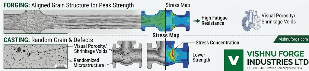 Forged Valve: Components, Valve Body Forging Process, Parts & Industrial Uses 1 An infographic diagram contrasting the aligned, continuous grain flow of a forged valve body (peak strength) with the random grain boundaries and visual defects (porosity, shrinkage voids) in cast valves, illustrating the high fatigue resistance advantage of forgings, branded with the Vishnu Forge logo.