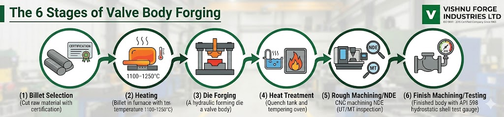 Forged Valve: Components, Valve Body Forging Process, Parts & Industrial Uses 2 An horizontal flow chart with distinct icons connecting the six steps of the Vishnu Forge manufacturing process for a valve body: 1. Billet Selection, 2. Heating (induction coils and a glowing orange billet), 3. Die Forging, 4. Heat Treatment, 5. NDE/Machining, and 6. Finish Testing (hydrostatic shell test gauge), all connected by arrows.